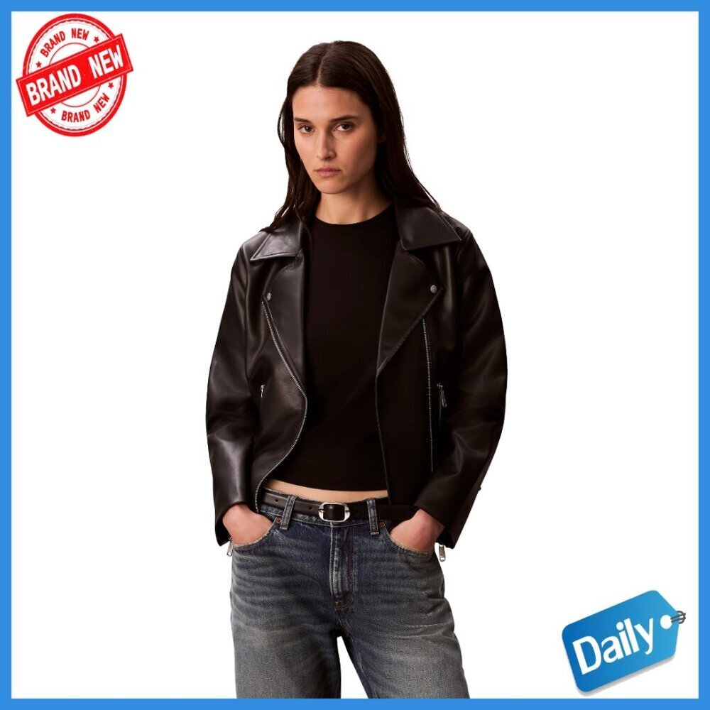 Classic Faux Leather Biker Jacket with Adjustable Belt, Size XL